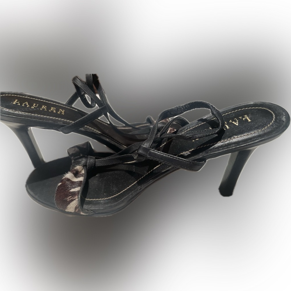 Lauren Ralph Lauren v sexy black strappy stiletto heels w faux animal print toe